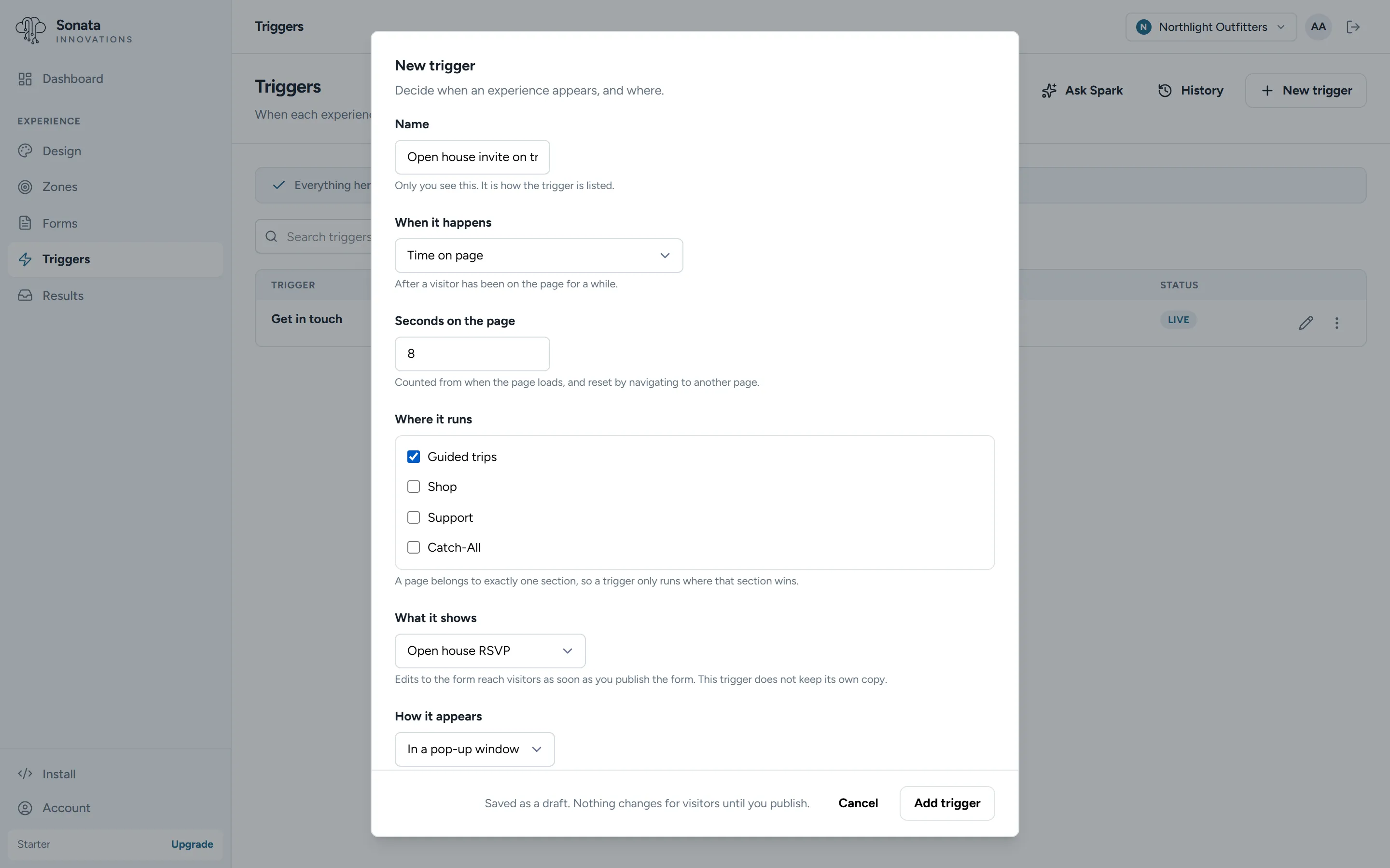 Time-on-page trigger configuration