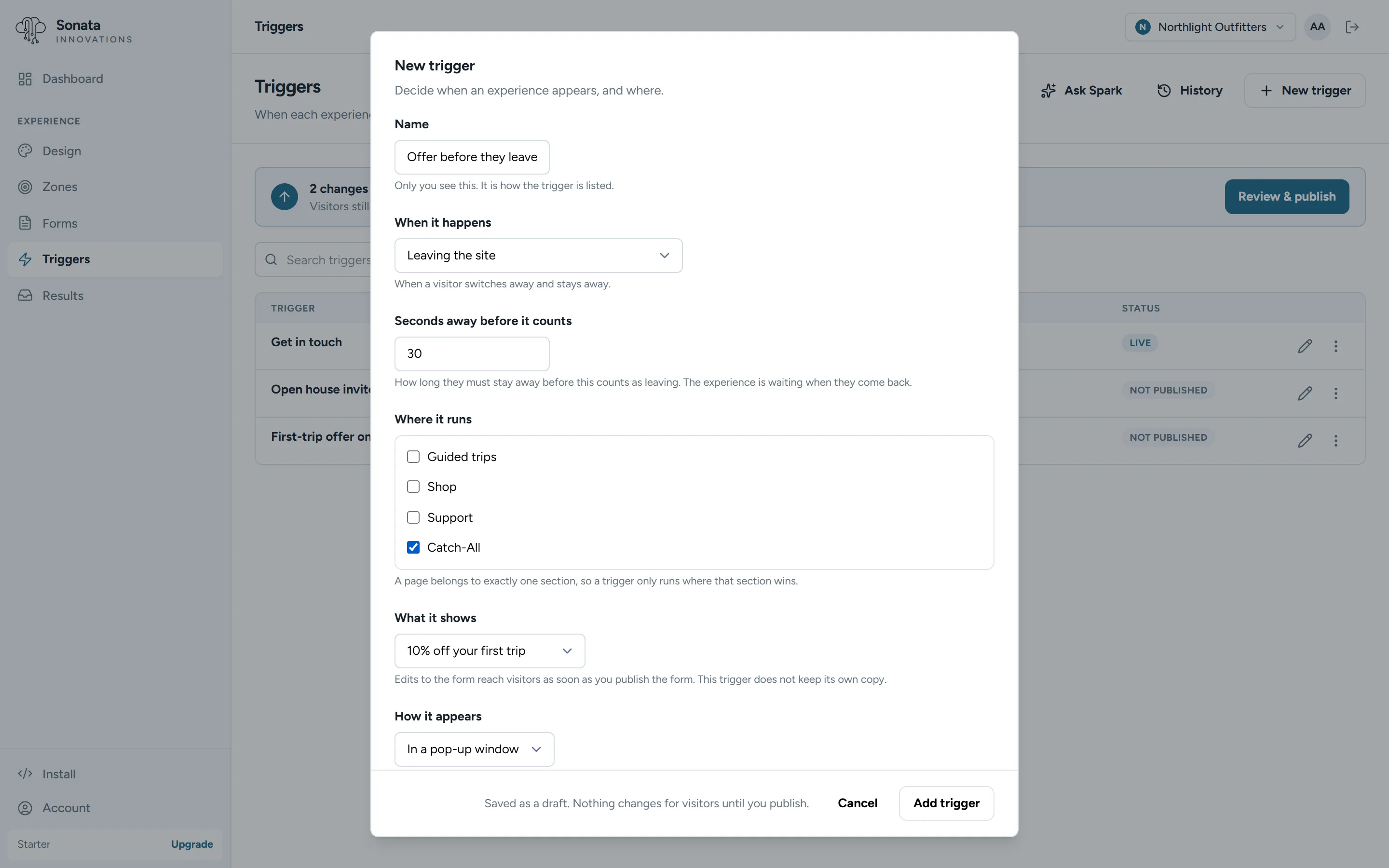 Exit-intent trigger configuration