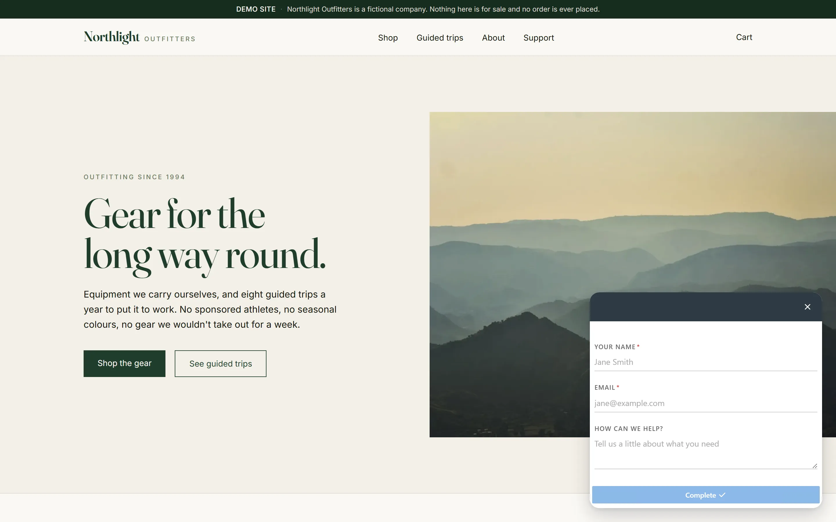 Allegro popup window appearing on the Northlight Outfitters demo site