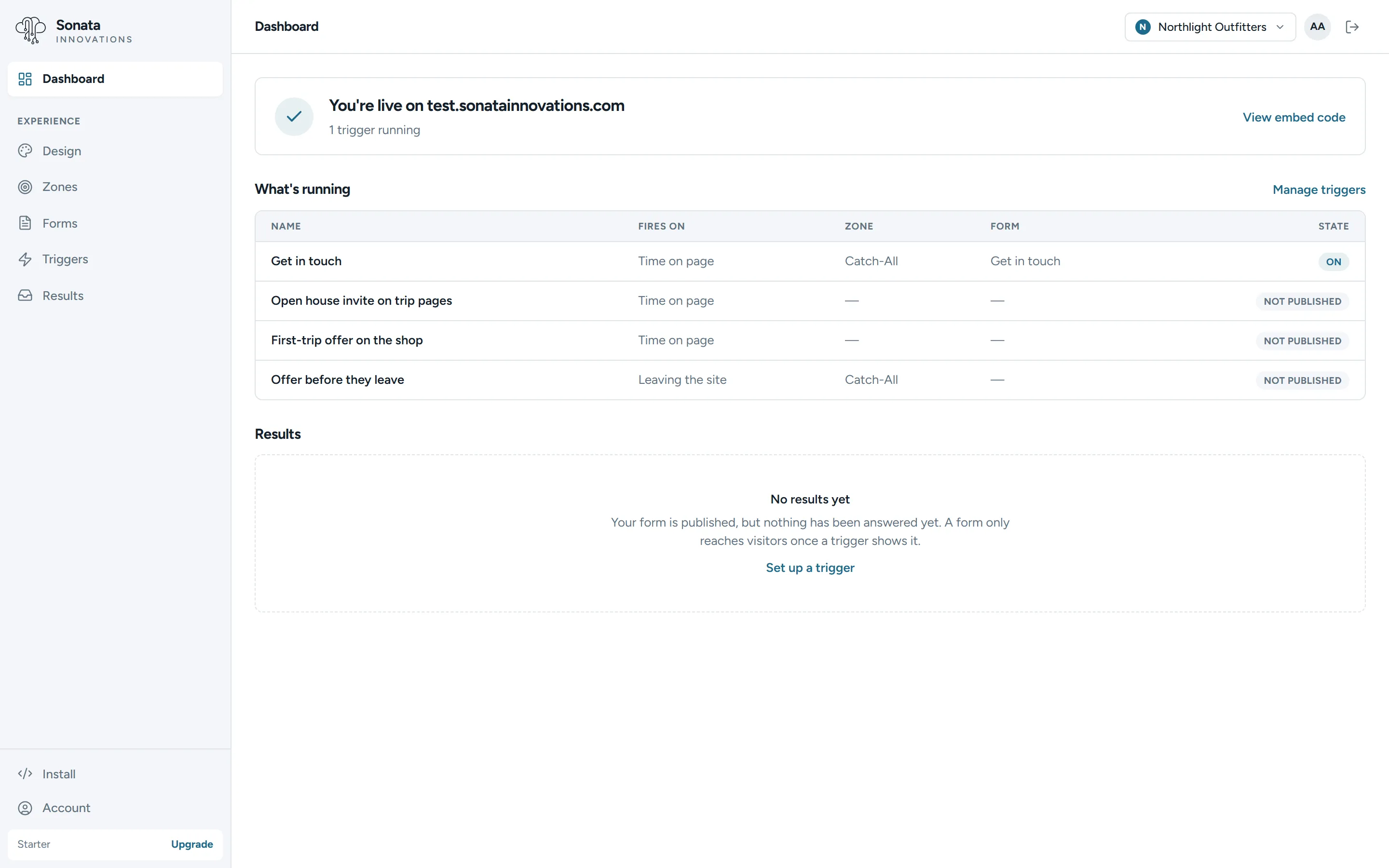 Allegro admin dashboard showing active triggers, zones, and results