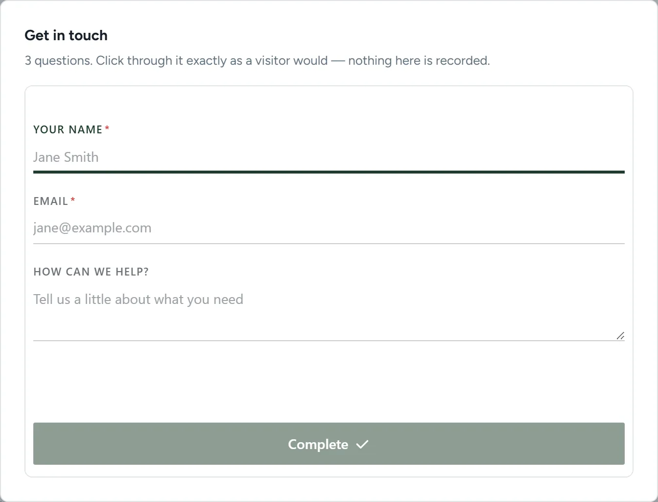 Preview of Allegro's contact form template with name, email, and message fields
