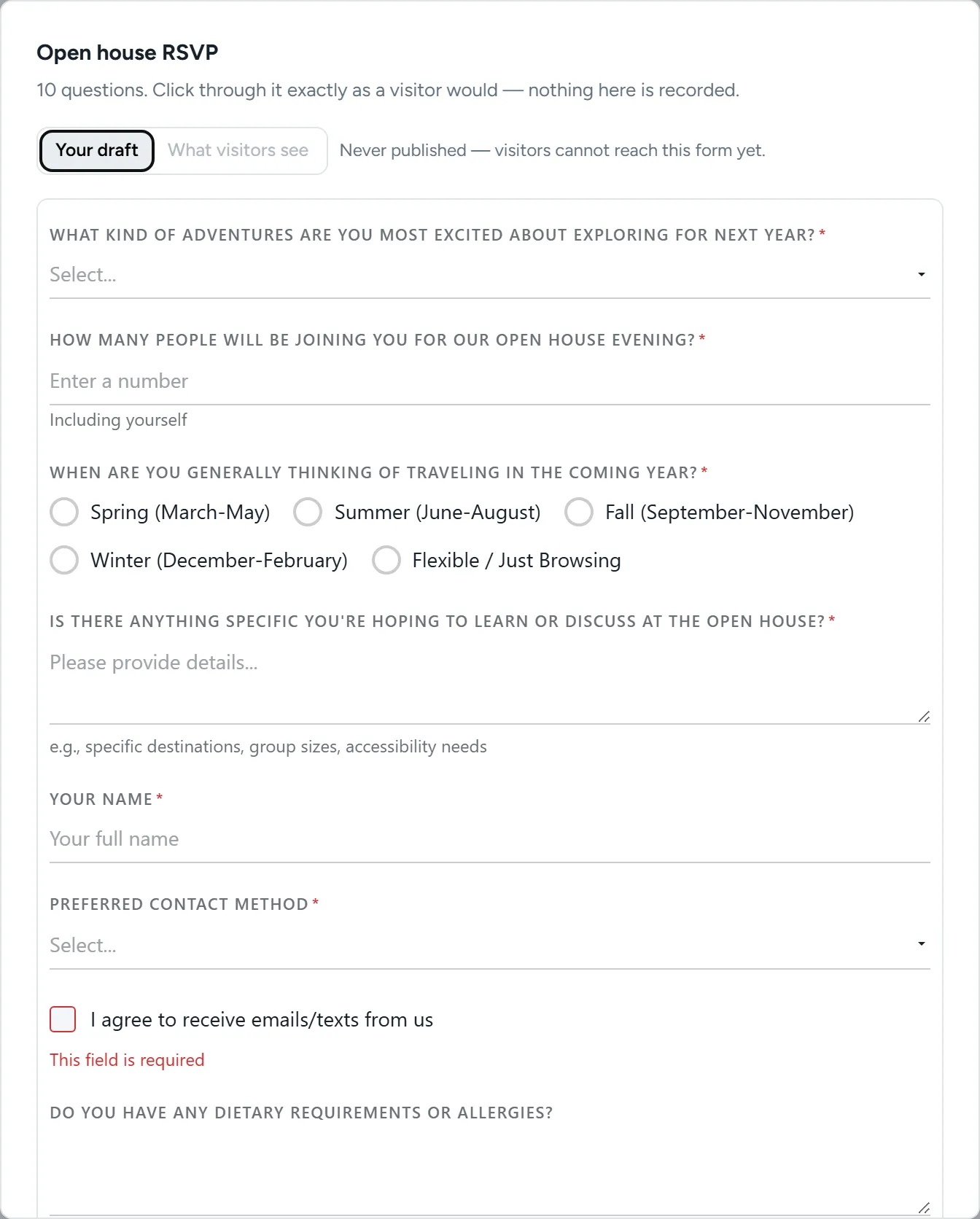 Preview of Allegro's event RSVP template with attendance and guest count fields